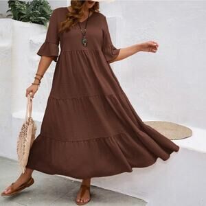 NWT Emery Rose Brown Plus Size V-Neck Tiered Midi Dress Boho Coastal 3X US 18